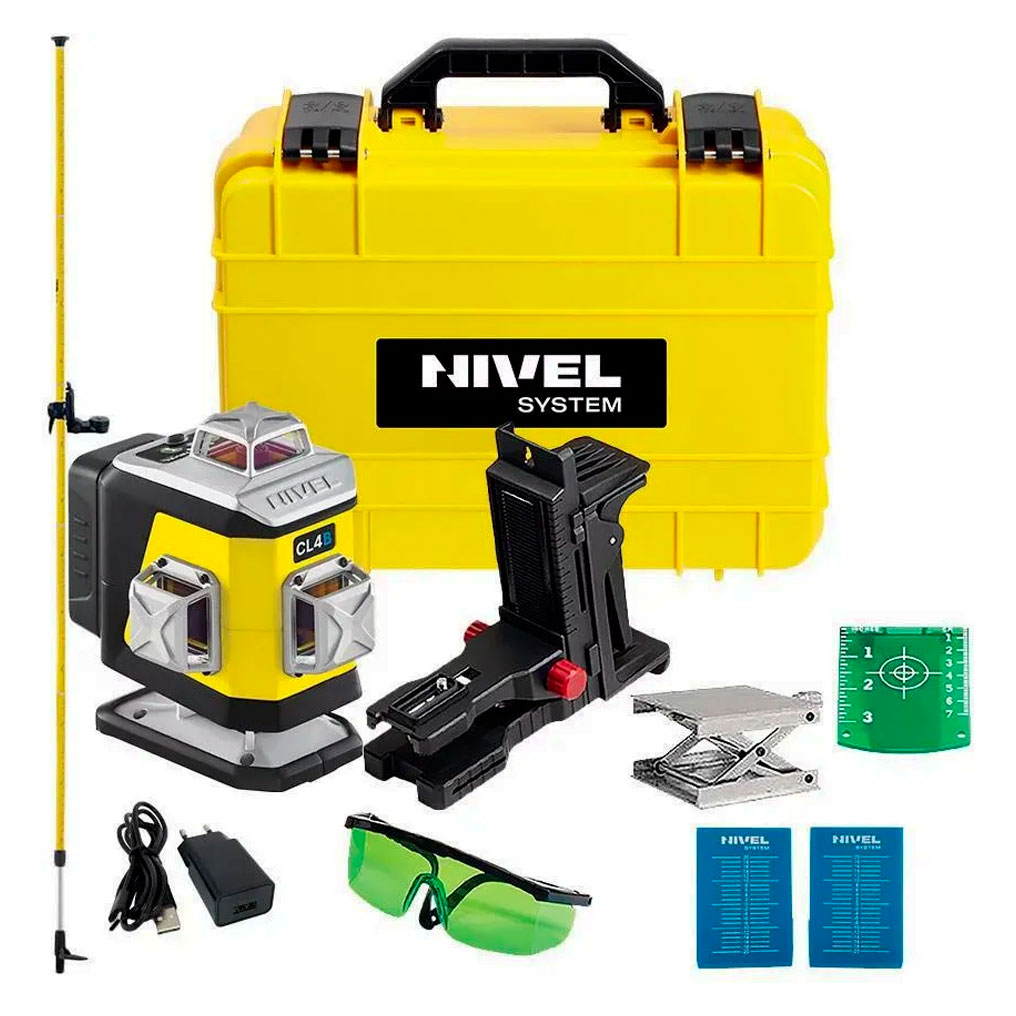 Set nivela laser cu linii 4 x 360° Nivel System CL4B_SET_LP36, fascicul albastru, 30/70m, acumulator 3,7 V, geanta transport, tija ancorare LP36