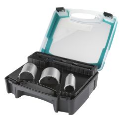 Set 5 piese Wolfcraft 1003000, 3 carote HM presarat diametru D 33, 53, 68 mm, adancime de taiere 55 mm, 2 burghie de centrare HM 140, 220 mm