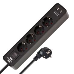 Prelungitor cu intrerupator Ecolor Brennenstuhl 1153240006, 1.5 m, negru, 3x1.5 mmp, 4 posturi, 2 porturi USB