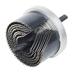 Set carote standard Wolfcraft 2160000, cu 7 carote cu diametre multiple: 25, 32, 38, 45, 50, 56, 62 mm, adancime de taiere 33 mm, tija triunghiulara