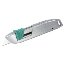 Cutter cu lama trapezoidala Wolfcraft 4134000, carcasa de metal, lama se retrage automat la eliberarea butonului de siguranta