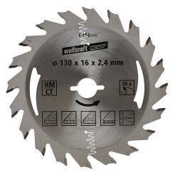 Panza pentru fierastrau circular Wolfcraft 6456000, diametru 130 mm, diametru interior disc 16 mm, latime taiere 2.4 mm, 20 dinti, seria argintie.