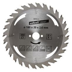 Panza pentru fierastrau circular Wolfcraft 6472000, diametru 180 mm, diametru interior disc 20 mm, latime taiere 2.6 mm, 28 dinti, seria argintie.