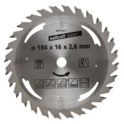Panza pentru fierastrau circular Wolfcraft 6473000, diametru 184 mm, diametru interior disc 16 mm, latime taiere 2.6 mm, 28 dinti, seria argintie.