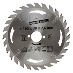 Panza pentru fierastrau circular Wolfcraft 6477000, diametru 190 mm, diametru interior disc 30 mm, latime taiere 2.6 mm, 28 dinti, seria argintie.