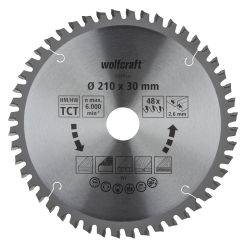 Panza pentru fierastrau circular de masa Wolfcraft 6545000, diametru 210 mm, diametru interior disc 30 mm, latime taiere 2.6 mm, 48 dinti, seria orange.