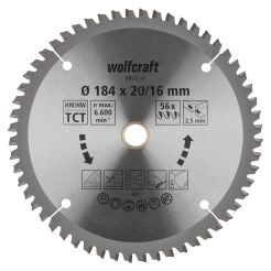 Panza pentru fierastrau circular de mana Wolfcraft 6622000, diametru 184 mm, diametru interior disc 20, 16 mm, latime taiere 2.5 mm, 56 dinti, seria mov