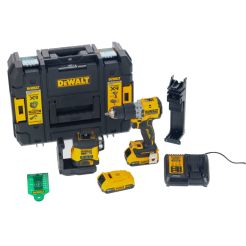 Set combo DeWalt DCK2095D2T, masina de gaurit cu percuție DCD805, nivela laser cu 3 linii DCLE34031, 2 acumulatori Li-Ion 18V / 2.0Ah si incarcator in valiza de transport TSTAK