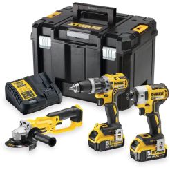 Set 3 scule DeWalt DCK383P2T, cu masina de gaurit DCD796, masina de insurubat cu impact DCF887, polizor unghiular DCG412, 2 acumulatori 18V XR / 5.0Ah, incarcator, TSTAK