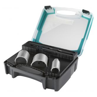 Set 5 piese Wolfcraft 1003000, 3 carote HM presarat diametru D 33, 53, 68 mm, adancime de taiere 55 mm, 2 burghie de centrare HM 140, 220 mm