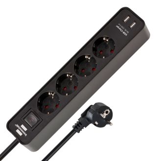 Prelungitor cu intrerupator Ecolor Brennenstuhl 1153240006, 1.5 m, negru, 3x1.5 mmp, 4 posturi, 2 porturi USB