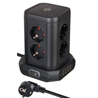 Prelungitor tip turn Brennenstuhl 1153560000, 2.0 m, negru, 3x1.5 mmp, 8 posturi, 4 porturi USB