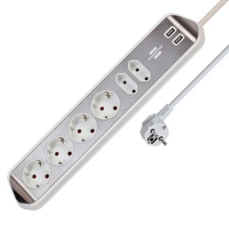 Prelungitor de colt estilo Brennenstuhl 1153590620, 2.0 m, alb-argintiu, 3x1.5 mmp, 6 posturi, 2 porturi USB
