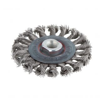 Perie Wolfcraft 2701000, tip disc, D 100 mm, inox, pentru polizoare unghiulare, filet M14, sarma impletita