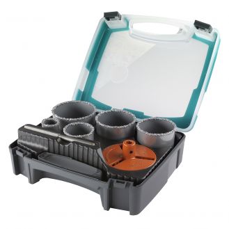 Set 7 piese Wolfcraft 3464000, 5 carote diamantate, diametru D 33, 53, 68, 73, 83 mm, adancime de taiere 55 mm, 1 Adaptor, 1 burghiu de centrare