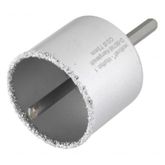 Carota diamantata cu acoperire tungsten Wolfcraft 3897000, diametru D 73 mm, adancime de taiere 55 mm, cu ax hexagonal si burghiu de centrare HM, D 8 mm