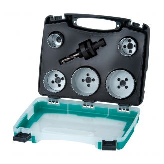 Set 6 piese pentru instalatii sanitare Wolfcraft 5422000, 5 carote bimetal diametru D 25, 35, 43, 54, 83 mm, 1 adaptor pentru carote bimetal cu burghiu de centrare 