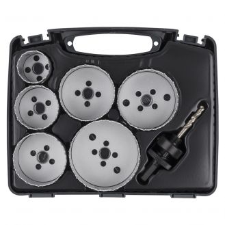 Set 7 piese pentru instalatii electrice Wolfcraft 5423000, 6 carote bimetal diametru D 40, 54, 65, 68, 74, 86 mm, 1 adaptor pentru carote bimetal cu burghiu de centrare 