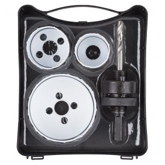 Set 4 piese pentru renovari Wolfcraft 5980000, 3 carote bimetal diametru D 35, 43, 68 mm, 1 adaptor pentru carote bimetal cu burghiu de centrare 