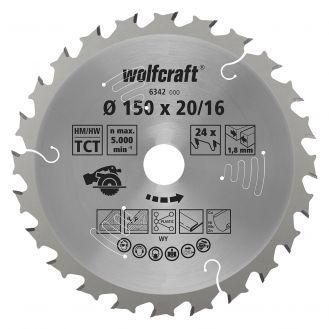 Panza pentru fierastrau circular cu acumulatori Wolfcraft 6342000, diametru 150 mm, diametru interior disc 16, 20 mm, latime taiere 1.8 mm, 24 dinti, seria mov