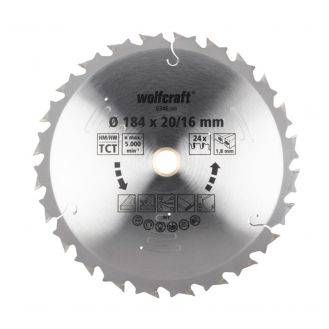 Panza pentru fierastrau circular cu acumulatori Wolfcraft 6346000, Ø 184 x 20/16 mm, 24 dinti, seria mov