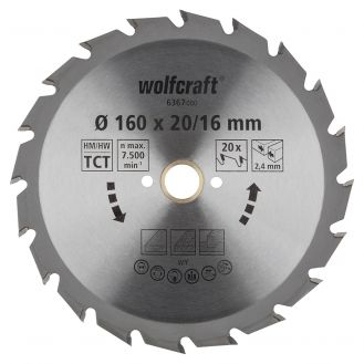 Panza pentru fierastrau circular Wolfcraft 6367000, diametru 160 mm, diametru interior disc 16 mm, latime taiere 2.4 mm, 20 dinti, seria verde.