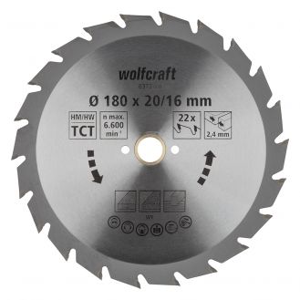 Panza pentru fierastrau circular Wolfcraft 6372000, diametru 180 mm, diametru interior disc 20 mm, latime taiere 2.4 mm, 22 dinti, seria verde.
