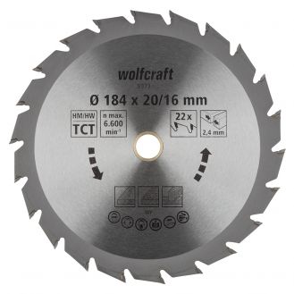 Panza pentru fierastrau circular Wolfcraft 6373000, diametru 184 mm, diametru interior disc 16 mm, latime taiere 2.4 mm, 22 dinti, seria verde.