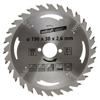 Panza pentru fierastrau circular Wolfcraft 6477000, diametru 190 mm, diametru interior disc 30 mm, latime taiere 2.6 mm, 28 dinti, seria argintie.