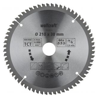 Panza pentru fierastrau circular de masa Wolfcraft 6540000, diametru 210 mm, diametru interior disc 30 mm, latime taiere 2.8 mm, 64 dinti, seria mov