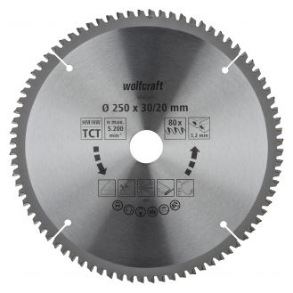 Panza pentru fierastrau circular de masa Wolfcraft 6542000, diametru 250 mm, diametru interior disc 20/30 mm, latime taiere 3.2 mm, 80 dinti, seria mov