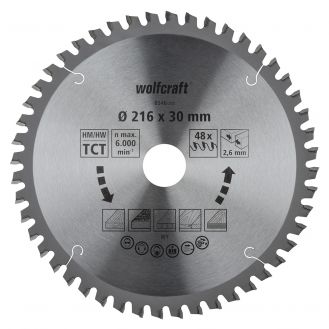 Panza pentru fierastrau circular de masa Wolfcraft 6546000, diametru 216 mm, diametru interior disc 30 mm, latime taiere 2.6 mm, 48 dinti, seria orange.