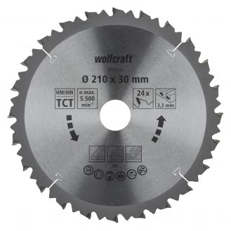 Panza pentru fierastrau circular de masa Wolfcraft 6550000, diametru 210 mm, diametru interior disc 30 mm, latime taiere 3.2 mm, 24 dinti, seria maro.