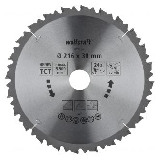 Panza pentru fierastrau circular de masa Wolfcraft 6551000, diametru 216 mm, diametru interior disc 30 mm, latime taiere 3.2 mm, 24 dinti, seria maro.