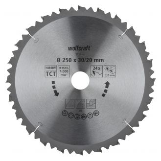 Panza pentru fierastrau circular de masa Wolfcraft 6552000, diametru 250 mm, diametru interior disc 20, 30 mm, latime taiere 3.2 mm, 24 dinti, seria maro.