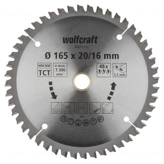 Panza pentru fierastrau circular de mana Wolfcraft 6621000, diametru 165 mm, diametru interior disc 20, 16 mm, latime taiere 2.5 mm, 48 dinti, seria mov