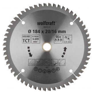 Panza pentru fierastrau circular de mana Wolfcraft 6622000, diametru 184 mm, diametru interior disc 20, 16 mm, latime taiere 2.5 mm, 56 dinti, seria mov