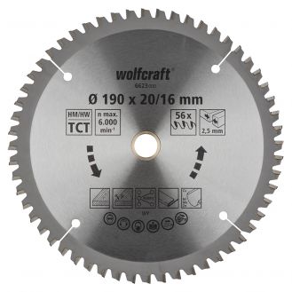 Panza pentru fierastrau circular de mana Wolfcraft 6623000, diametru 190 mm, diametru interior disc 20, 16 mm, latime taiere 2.5 mm, 56 dinti, seria mov