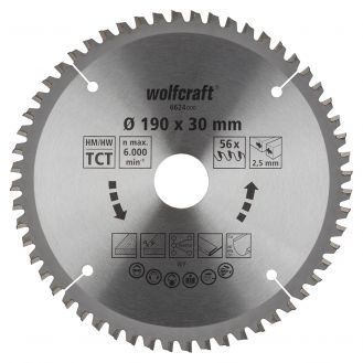 Panza pentru fierastrau circular de mana Wolfcraft 6624000, diametru 190 mm, diametru interior disc 30 mm, latime taiere 2.5 mm, 56 dinti, seria mov