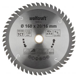 Panza pentru fierastrau circular Wolfcraft 6630000, diametru 160 mm, diametru interior disc 20, 16 mm, latime taiere 2.6 mm, 48 dinti, seria orange.