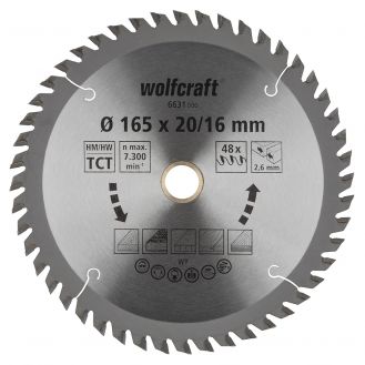 Panza pentru fierastrau circular Wolfcraft 6631000, diametru 165 mm, diametru interior disc 20, 16 mm, latime taiere 2.6 mm, 48 dinti, seria orange.