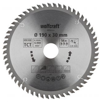 Panza pentru fierastrau circular Wolfcraft 6634000, diametru 190 mm, diametru interior disc 30 mm, latime taiere 2.6 mm, 56 dinti, seria orange.