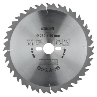 Panza pentru fierastrau circular de masa Wolfcraft 6660000, diametru 250 mm, diametru interior disc 30 mm, latime taiere 3.2 mm, 24 dinti, seria verde.