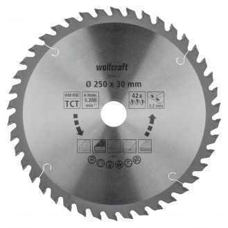 Panza pentru fierastrau circular de masa Wolfcraft 6680000, diametru 250 mm, diametru interior disc 30 mm, latime taiere 3.2 mm, 42 dinti, seria orange.