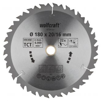 Panza pentru fierastrau circular Wolfcraft 6734000, diametru 180 mm, diametru interior disc 20 mm, latime taiere 2.4 mm, 22 dinti, seria maro.