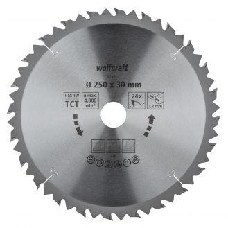 Panza pentru fierastrau circular de masa Wolfcraft 6740000, diametru 250 mm, diametru interior disc 30 mm, latime taiere 3.2 mm, 24 dinti, seria maro.