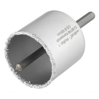 Carota diamantata cu acoperire tungsten Wolfcraft 8913000, diametru D 68 mm, adancime de taiere 55 mm, cu ax hexagonal si burghiu de centrare HM, D 8 mm