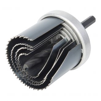 Set carote standard Wolfcraft 8917000, cu 4 carote cu diametre multiple: 25, 35, 43, 53 mm, adancime de taiere 33 mm, tija hexagonala

