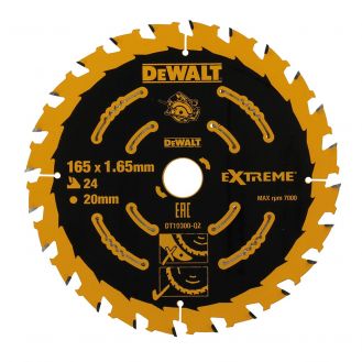 Disc Dewalt DT10300 pentru fierastrau circular, D 165x20x1.65 mm, 24 dinti, pentru taiere universala in lemn, seria Extreme