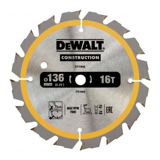 Disc Dewalt DT1946 pentru fierastrau circular, D 130x10x1.86 mm, 16 dinti, pentru taiere rapida, seria Dewalt Construction